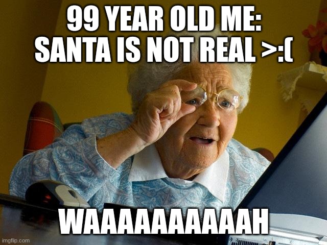 WHY waaaa | 99 YEAR OLD ME: SANTA IS NOT REAL >:(; WAAAAAAAAAAH | image tagged in memes,grandma finds the internet | made w/ Imgflip meme maker