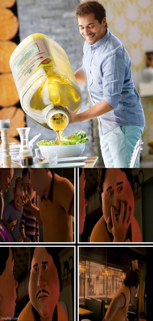 image tagged in guy pouring olive oil on the salad,monster house gamer eating | made w/ Imgflip meme maker