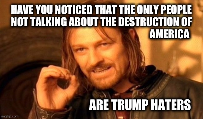 Weird, huh? | HAVE YOU NOTICED THAT THE ONLY PEOPLE
 NOT TALKING ABOUT THE DESTRUCTION OF 
                                                                      AMERICA; ARE TRUMP HATERS | image tagged in memes,one does not simply | made w/ Imgflip meme maker