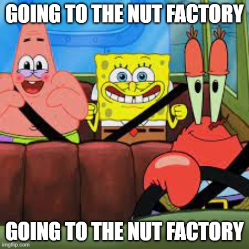 . | GOING TO THE NUT FACTORY; GOING TO THE NUT FACTORY | image tagged in spongebob patrick and mr krabs in a car,nuts | made w/ Imgflip meme maker