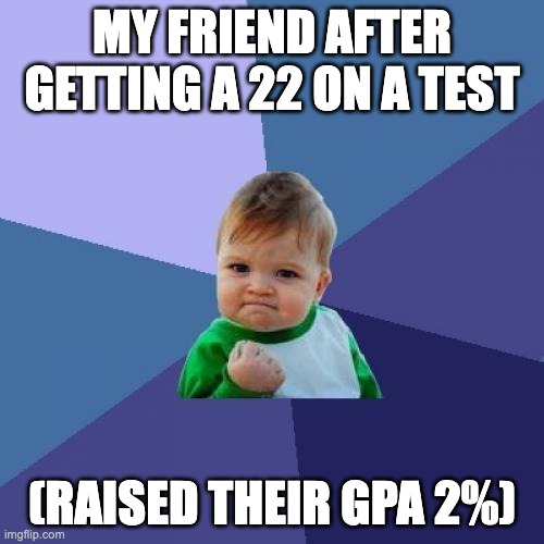 Success Kid | MY FRIEND AFTER GETTING A 22 ON A TEST; (RAISED THEIR GPA 2%) | image tagged in memes,success kid | made w/ Imgflip meme maker