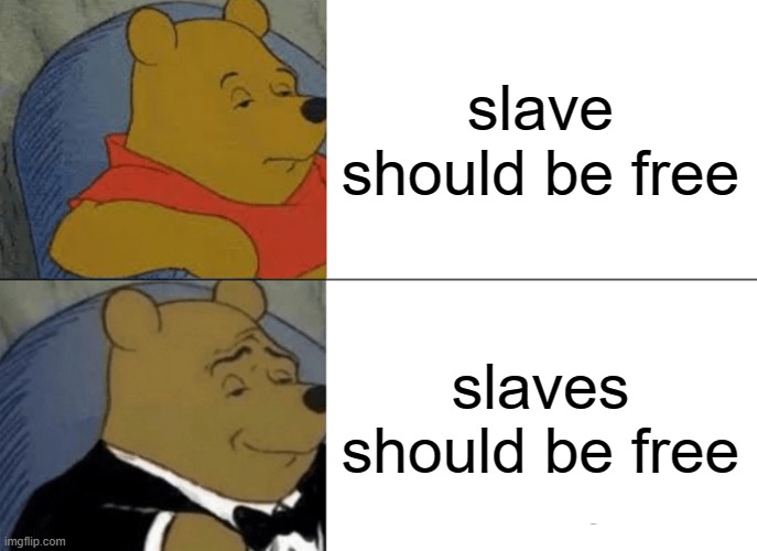Tuxedo Winnie The Pooh | slave should be free; slaves should be free | image tagged in memes,tuxedo winnie the pooh | made w/ Imgflip meme maker
