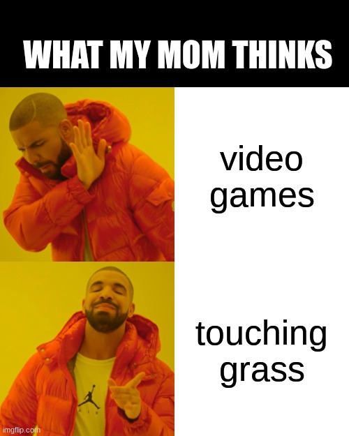 Drake Hotline Bling Meme | WHAT MY MOM THINKS; video games; touching grass | image tagged in memes,drake hotline bling | made w/ Imgflip meme maker