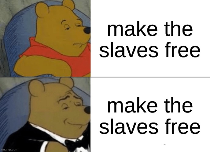 iykyk | make the slaves free; make the slaves free | image tagged in memes,tuxedo winnie the pooh,dark humor | made w/ Imgflip meme maker