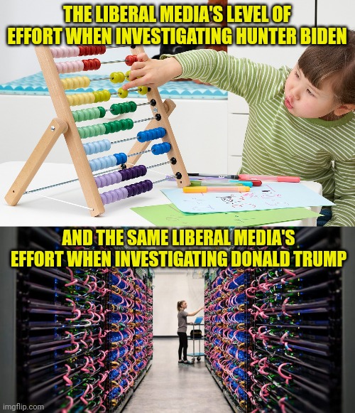 Liberal hypocrisy. Its like a nice blanket, loaded with plague fleas | THE LIBERAL MEDIA'S LEVEL OF EFFORT WHEN INVESTIGATING HUNTER BIDEN; AND THE SAME LIBERAL MEDIA'S EFFORT WHEN INVESTIGATING DONALD TRUMP | image tagged in liberal logic,hunter biden,donald trump,liberal hypocrisy,biased media,triggered | made w/ Imgflip meme maker