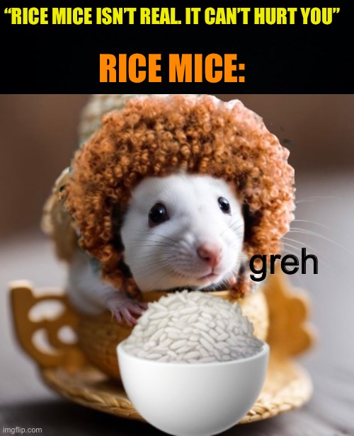 Rice Mice | RICE MICE:; “RICE MICE ISN’T REAL. IT CAN’T HURT YOU”; greh | image tagged in fresh memes,funny,memes,rapper,mouse | made w/ Imgflip meme maker