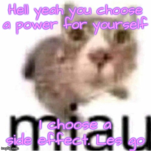 miau | Hell yeah you choose a power for yourself; I choose a side effect. Les go | image tagged in miau | made w/ Imgflip meme maker