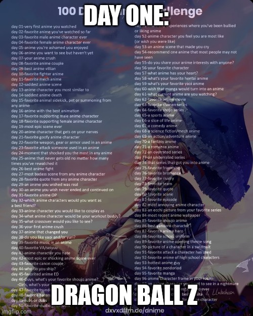 Day one | DAY ONE:; DRAGON BALL Z | image tagged in 100 day anime challenge,dbz | made w/ Imgflip meme maker