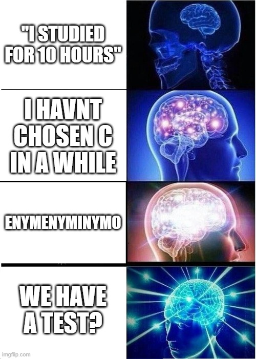 im huge brain | "I STUDIED FOR 10 HOURS"; I HAVNT CHOSEN C IN A WHILE; ENYMENYMINYMO; WE HAVE A TEST? | image tagged in memes,expanding brain | made w/ Imgflip meme maker