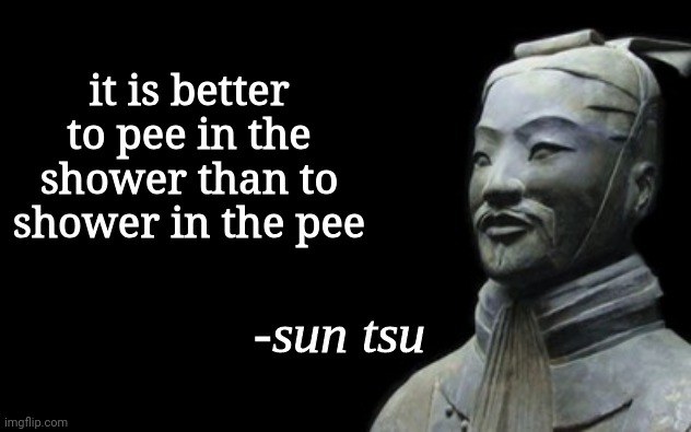 sun tsu fake quote | it is better to pee in the shower than to shower in the pee | image tagged in sun tsu fake quote | made w/ Imgflip meme maker
