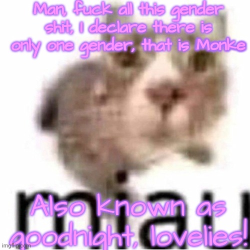 I hate the controversy, just embrace monke | Man, fuck all this gender shit, I declare there is only one gender, that is Monke; Monke; Also known as goodnight, lovelies! | image tagged in miau,lovelies | made w/ Imgflip meme maker