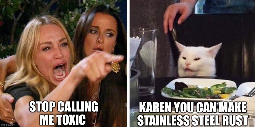 Smudge the cat | STOP CALLING ME TOXIC; KAREN YOU CAN MAKE STAINLESS STEEL RUST | image tagged in smudge the cat | made w/ Imgflip meme maker