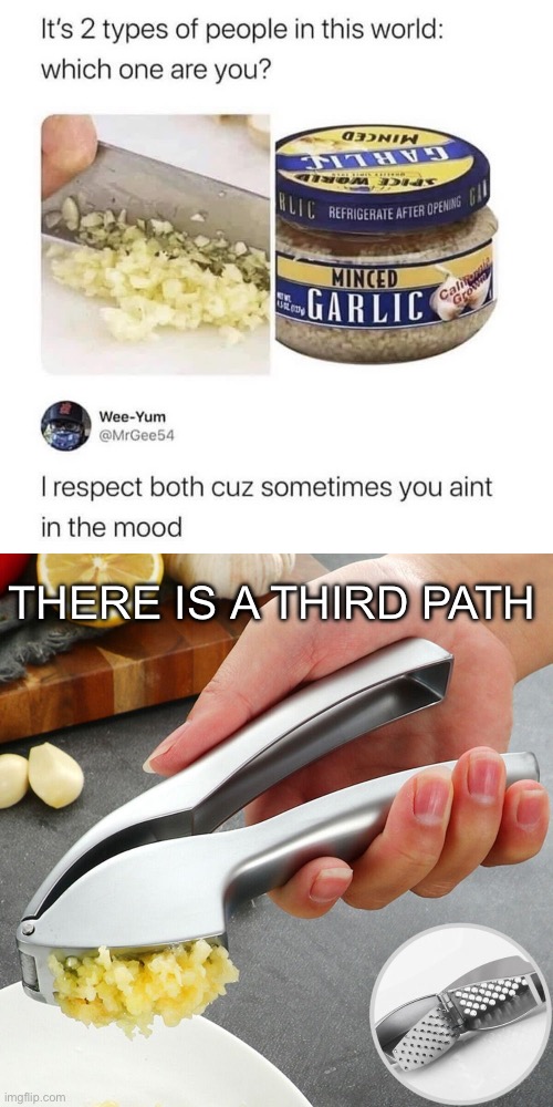 Garlic | THERE IS A THIRD PATH | image tagged in garlic,crush,chopper,swear jar | made w/ Imgflip meme maker
