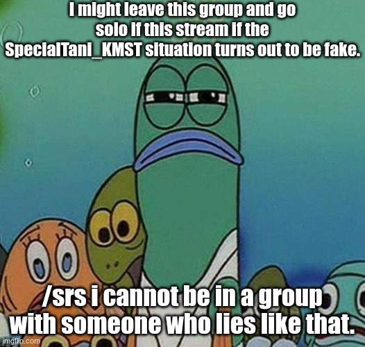 dead serious.(thanks for letting me know-Batim) | I might leave this group and go solo if this stream if the SpecialTani_KMST situation turns out to be fake. /srs i cannot be in a group with someone who lies like that. | image tagged in spongebob,serious,not a meme,fantoccio | made w/ Imgflip meme maker