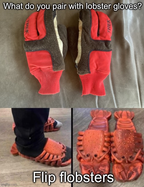 Lobster wear | What do you pair with lobster gloves? Flip flobsters | image tagged in lobster,flip flops,gloves | made w/ Imgflip meme maker