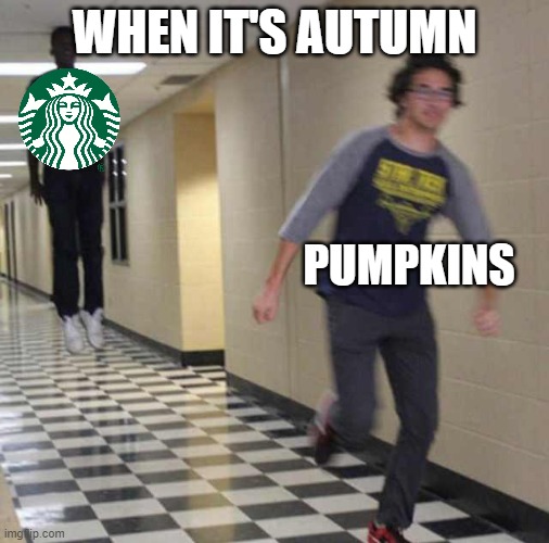 Pumpkin is in real trouble now | WHEN IT'S AUTUMN; PUMPKINS | image tagged in floating boy chasing running boy | made w/ Imgflip meme maker