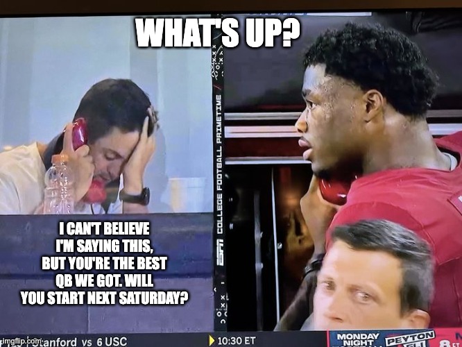 WHAT'S UP? I CAN'T BELIEVE I'M SAYING THIS, BUT YOU'RE THE BEST QB WE GOT. WILL YOU START NEXT SATURDAY? | image tagged in bama,rees | made w/ Imgflip meme maker