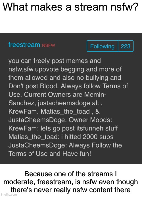 It would be good to know | What makes a stream nsfw? Because one of the streams I moderate, freestream, is nsfw even though there’s never really nsfw content there | made w/ Imgflip meme maker