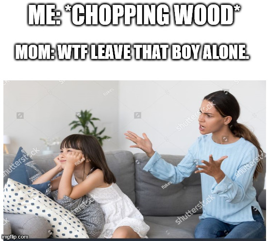 LOL | ME: *CHOPPING WOOD*; MOM: WTF LEAVE THAT BOY ALONE. | image tagged in funny memes,dark humor,wood | made w/ Imgflip meme maker