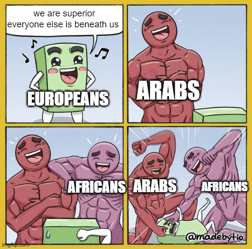 the superior is being dominated by the inferior | we are superior everyone else is beneath us; ARABS; EUROPEANS; AFRICANS; AFRICANS; ARABS | image tagged in two strong guys beating up box,europe,arabs,africans,refugees,rapefugee | made w/ Imgflip meme maker