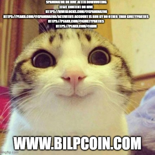 Smiling Cat Meme | SPAMINATOR ON HIVE AFTER DOWNVOTING LEGIT CONTENT ON HIVE HTTPS://HIVEBLOCKS.COM/@SPAMINATOR
HTTPS://PEAKD.COM/@SPAMINATOR/ACTIVITIES ACCOUNT IS RUN BY NO OTHER THAN GUILTYPARTIES 
HTTPS://PEAKD.COM/@GUILTYPARTIES 
HTTPS://PEAKD.COM/@ADM; WWW.BILPCOIN.COM | image tagged in memes,smiling cat | made w/ Imgflip meme maker