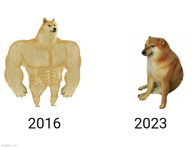 Buff Doge vs. Cheems | 2016; 2023 | image tagged in memes,buff doge vs cheems | made w/ Imgflip meme maker