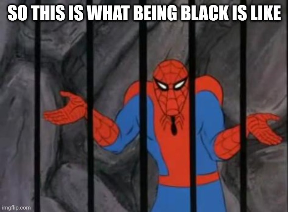 spiderman jail | SO THIS IS WHAT BEING BLACK IS LIKE | image tagged in spiderman jail | made w/ Imgflip meme maker
