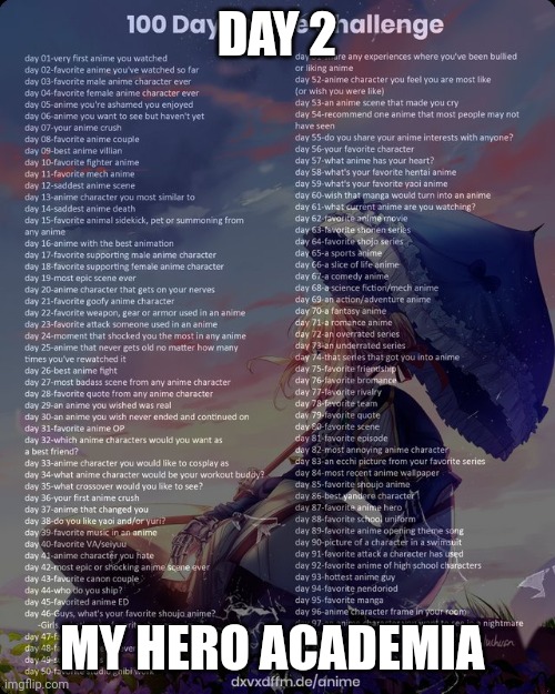 Day 2 | DAY 2; MY HERO ACADEMIA | image tagged in 100 day anime challenge | made w/ Imgflip meme maker