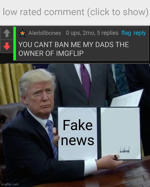Fake news | image tagged in low-rated comment imgflip,memes,trump bill signing,fake news,bruh | made w/ Imgflip meme maker