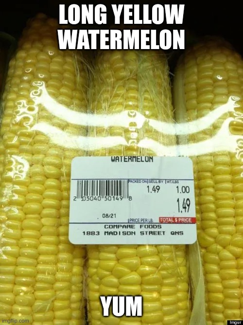 LONG YELLOW WATERMELON; YUM | image tagged in corn | made w/ Imgflip meme maker