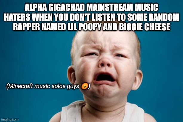 Mainstream Music | ALPHA GIGACHAD MAINSTREAM MUSIC HATERS WHEN YOU DON'T LISTEN TO SOME RANDOM RAPPER NAMED LIL POOPY AND BIGGIE CHEESE; (Minecraft music solos guys 😡) | image tagged in baby crying,music | made w/ Imgflip meme maker