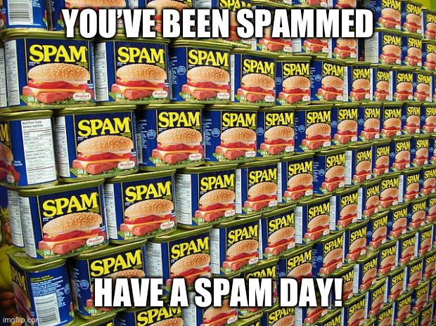 Spam, Delicous | YOU’VE BEEN SPAMMED; HAVE A SPAM DAY! | image tagged in spam delicous | made w/ Imgflip meme maker
