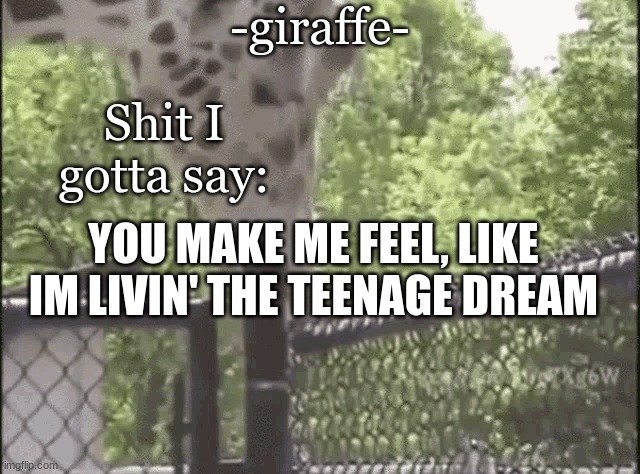 -giraffe- | YOU MAKE ME FEEL, LIKE IM LIVIN' THE TEENAGE DREAM | image tagged in -giraffe- | made w/ Imgflip meme maker