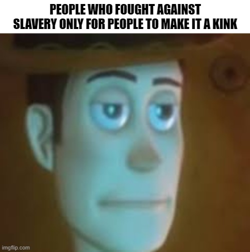 disappointed woody | PEOPLE WHO FOUGHT AGAINST SLAVERY ONLY FOR PEOPLE TO MAKE IT A KINK | image tagged in disappointed woody | made w/ Imgflip meme maker