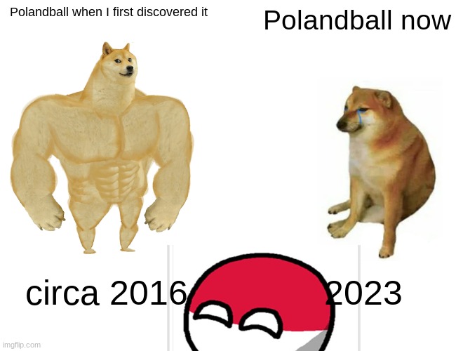 Buff Doge vs. Cheems | Polandball when I first discovered it; Polandball now; circa 2016; 2023 | image tagged in memes,buff doge vs cheems | made w/ Imgflip meme maker