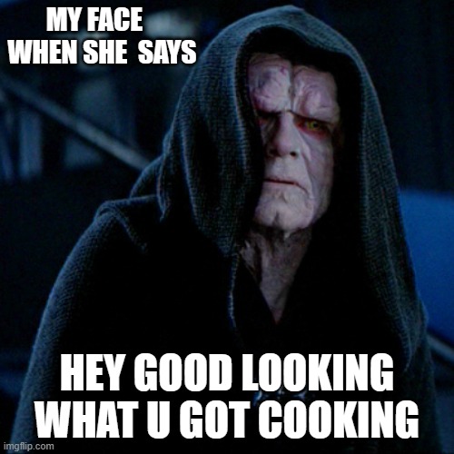 star wars | MY FACE    WHEN SHE  SAYS; HEY GOOD LOOKING WHAT U GOT COOKING | image tagged in star wars | made w/ Imgflip meme maker