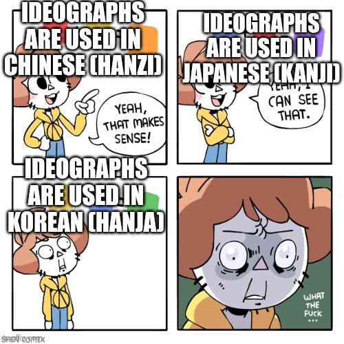 Me when I found out that ideographs are not limited to Chinese and Japanese | IDEOGRAPHS ARE USED IN CHINESE (HANZI); IDEOGRAPHS ARE USED IN JAPANESE (KANJI); IDEOGRAPHS ARE USED IN KOREAN (HANJA) | image tagged in yeah that makes sense,languages,korean,hanja | made w/ Imgflip meme maker