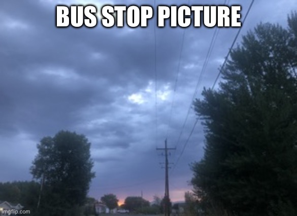 Another picture I took at my bus stop | BUS STOP PICTURE | image tagged in bus,school,sunrise,morning,cloudy | made w/ Imgflip meme maker
