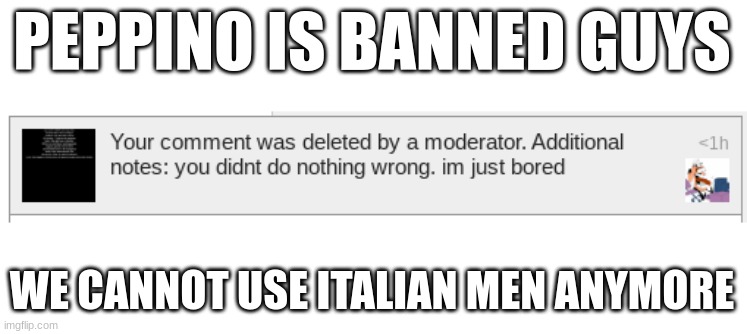 why  | PEPPINO IS BANNED GUYS; WE CANNOT USE ITALIAN MEN ANYMORE | image tagged in unfunny | made w/ Imgflip meme maker