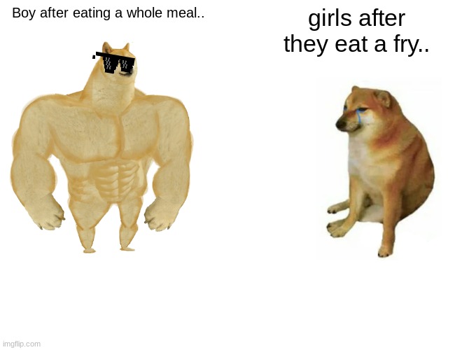 FR THO LIKE WHAT.... | Boy after eating a whole meal.. girls after they eat a fry.. | image tagged in memes,buff doge vs cheems,french fries | made w/ Imgflip meme maker