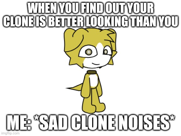Clone memes | WHEN YOU FIND OUT YOUR CLONE IS BETTER LOOKING THAN YOU; ME: *SAD CLONE NOISES* | image tagged in memes | made w/ Imgflip meme maker
