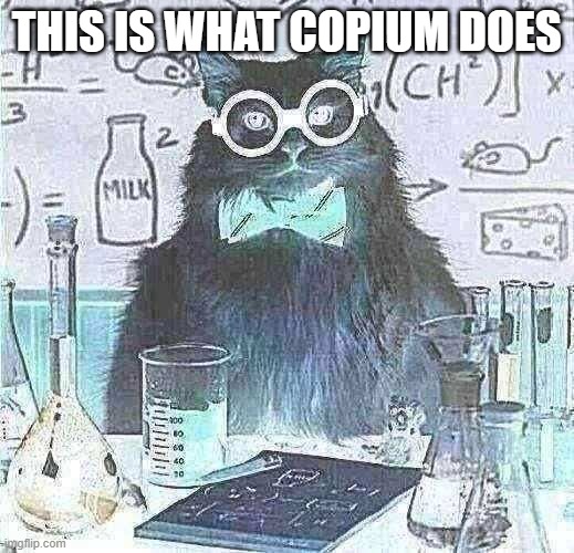 cat scientist | THIS IS WHAT COPIUM DOES | image tagged in cat scientist | made w/ Imgflip meme maker