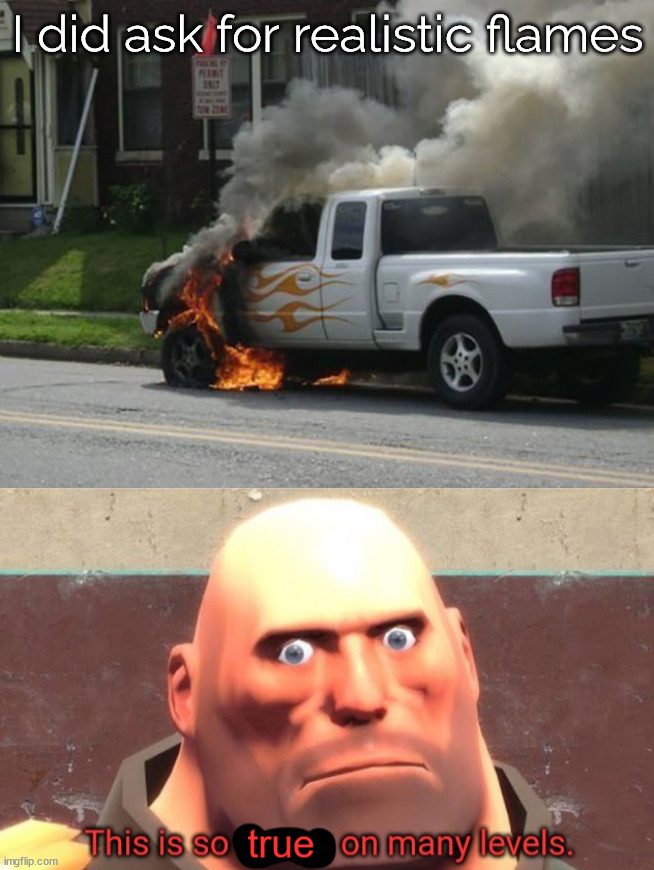 Careful for what you ask for | I did ask for realistic flames | image tagged in this is so true on so many levels,realistic,flames,truck | made w/ Imgflip meme maker