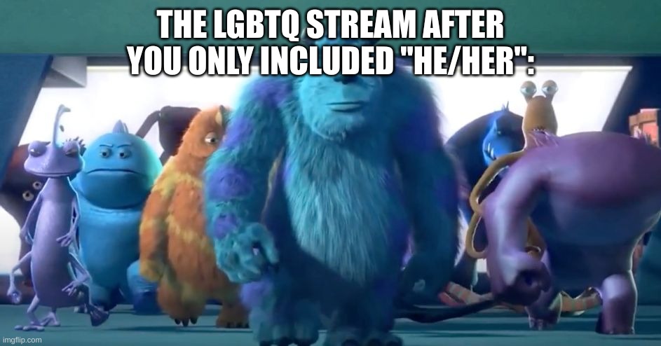 Monsters Inc. Walk | THE LGBTQ STREAM AFTER YOU ONLY INCLUDED "HE/HER": | image tagged in monsters inc walk | made w/ Imgflip meme maker