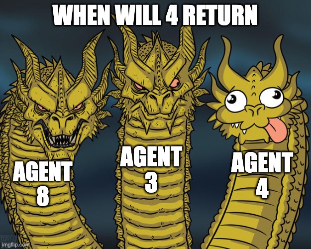 Three-headed Dragon | WHEN WILL 4 RETURN; AGENT 3; AGENT 4; AGENT 8 | image tagged in three-headed dragon,splatoon,king ghidorah | made w/ Imgflip meme maker