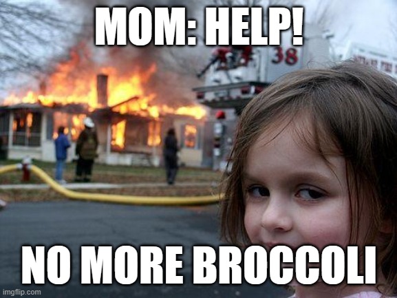 Disaster Girl Meme | MOM: HELP! NO MORE BROCCOLI | image tagged in memes,disaster girl | made w/ Imgflip meme maker