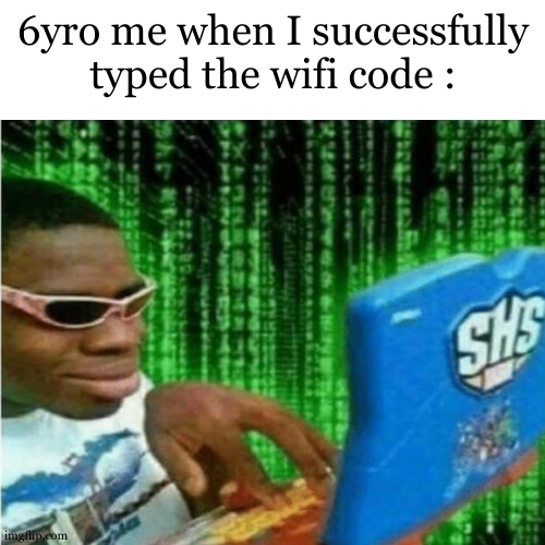 Pototatoes wifi code.. | 6yro me when I successfully typed the wifi code : | image tagged in hacker meme,trust me i have 15 iq,wifi,code,success kid,potato chips | made w/ Imgflip meme maker
