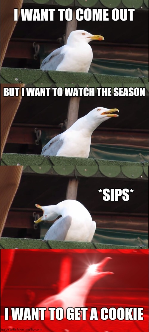Inhaling Seagull | I WANT TO COME OUT; BUT I WANT TO WATCH THE SEASON; *SIPS*; I WANT TO GET A COOKIE | image tagged in memes,inhaling seagull | made w/ Imgflip meme maker