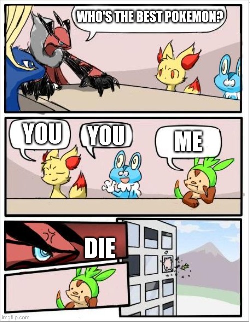 Pokemon board meeting | WHO'S THE BEST POKEMON? YOU; YOU; ME; DIE | image tagged in pokemon board meeting | made w/ Imgflip meme maker