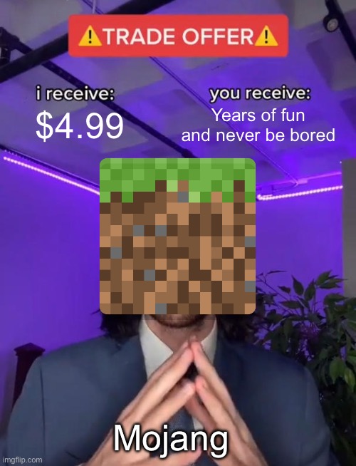 Minecraft | Years of fun and never be bored; $4.99; Mojang | image tagged in trade offer,minecraft,gaming,blocks,furry | made w/ Imgflip meme maker